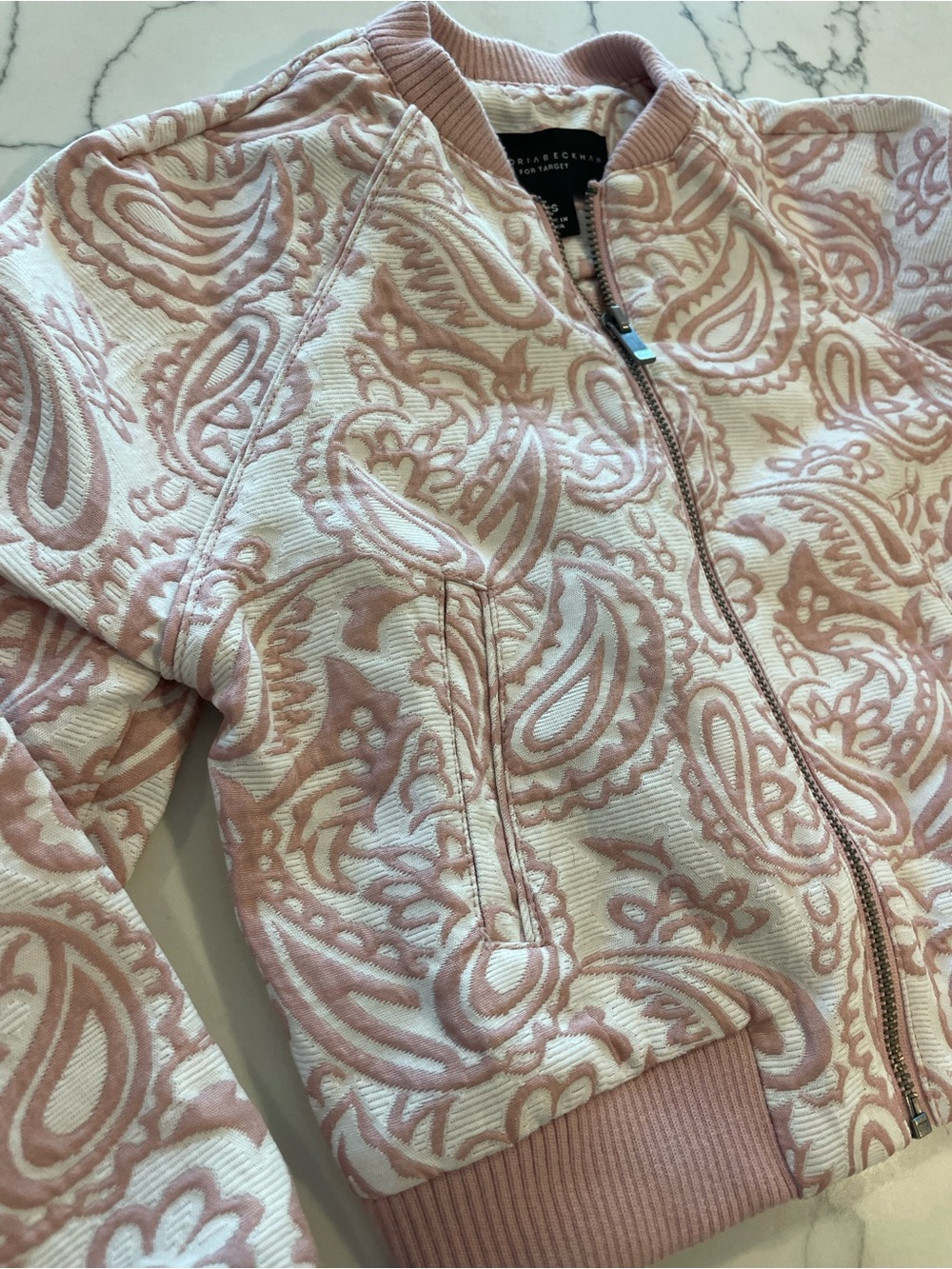 Victoria Beckham Blush-Pink Paisley Girls Bomber Jacket - Picture 3 of 14